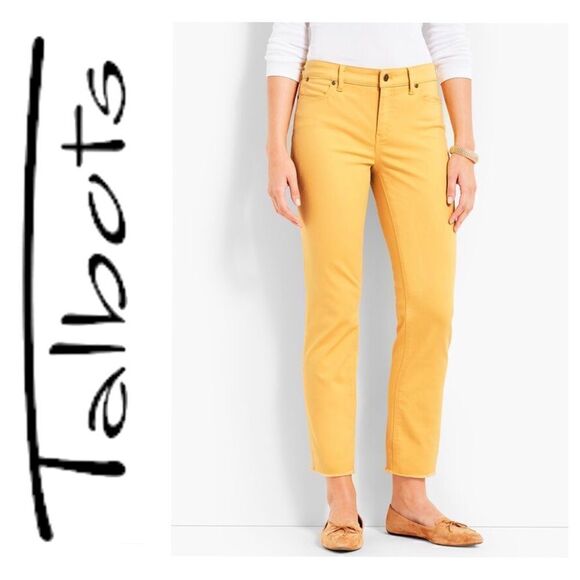 NWT Talbots Flawless Five Pocket Frayed Hem Slim Ankle Jeans in Yellow, Size 4P - Picture 1 of 16